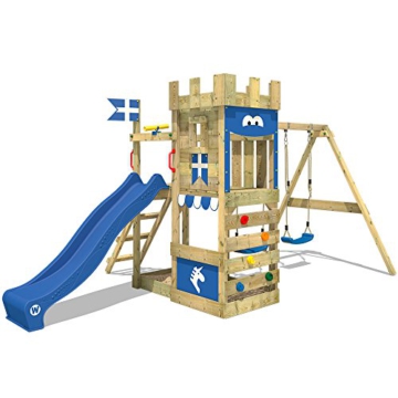 WICKEY Spielturm Ritterburg RoyalFlyer mit Schaukel & blauer Rutsche, Spielhaus mit Sandkasten, Kletterleiter & Spiel-Zubehör - 6