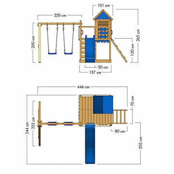 WICKEY Spielturm Smart Cave - Klettergerüst mit Stelzenhaus, Schaukel, Sandkasten, Kletterwand und -leiter, blauer Plane und roter Wellenrutsche - 3