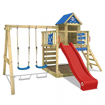 WICKEY Spielturm Smart Cave - Klettergerüst mit Stelzenhaus, Schaukel, Sandkasten, Kletterwand und -leiter, blauer Plane und roter Wellenrutsche - 1