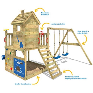 WICKEY Spielturm Smart Lodge 120 Kletterturm Baumhaus Garten mit Spielhaus, Doppelschaukel, großem Sandkasten, Kletterwand, grüne Rutsche + grüne Plane - 2