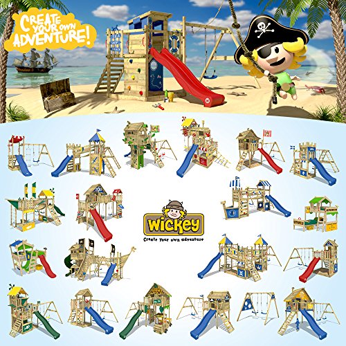 WICKEY Spielturm Smart Scoop Kletterturm Klettergerüst mit Rutsche, doppelter Schaukel, Kletterwand und Sandkasten, blaue Rutsche + gelb-rote Plane - 5