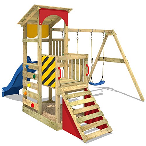 WICKEY Spielturm Smart Scoop Kletterturm Klettergerüst mit Rutsche, doppelter Schaukel, Kletterwand und Sandkasten, blaue Rutsche + gelb-rote Plane - 2