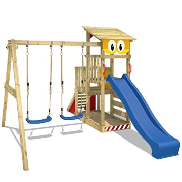 WICKEY Spielturm Smart Scoop Kletterturm Klettergerüst mit Rutsche, doppelter Schaukel, Kletterwand und Sandkasten, blaue Rutsche + gelb-rote Plane - 3