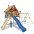 WICKEY Spielturm Smart Sky Stelzenhaus Baumhaus Kletterturm aus Holz mit Doppelschaukel und Holzdach, blaue Rutsche + rot-blaue Plane -