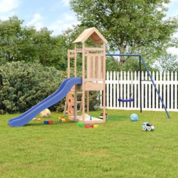 Yolola Spielturm Outdoor Klettergerüst mit Schaukel & Rutsche Outdoor Kinder Kletterturm mit Holzdach, Gartenspiele Für Kinder,Holz Spielplatz Für Garten, Massivholz Kiefer - 1